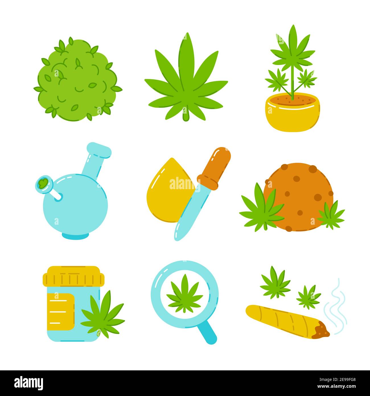 Marijuana weed set collection. Vector trendty flat line illustration icon. Isolated on white background. Medical marijuana bundle concept Stock Vector