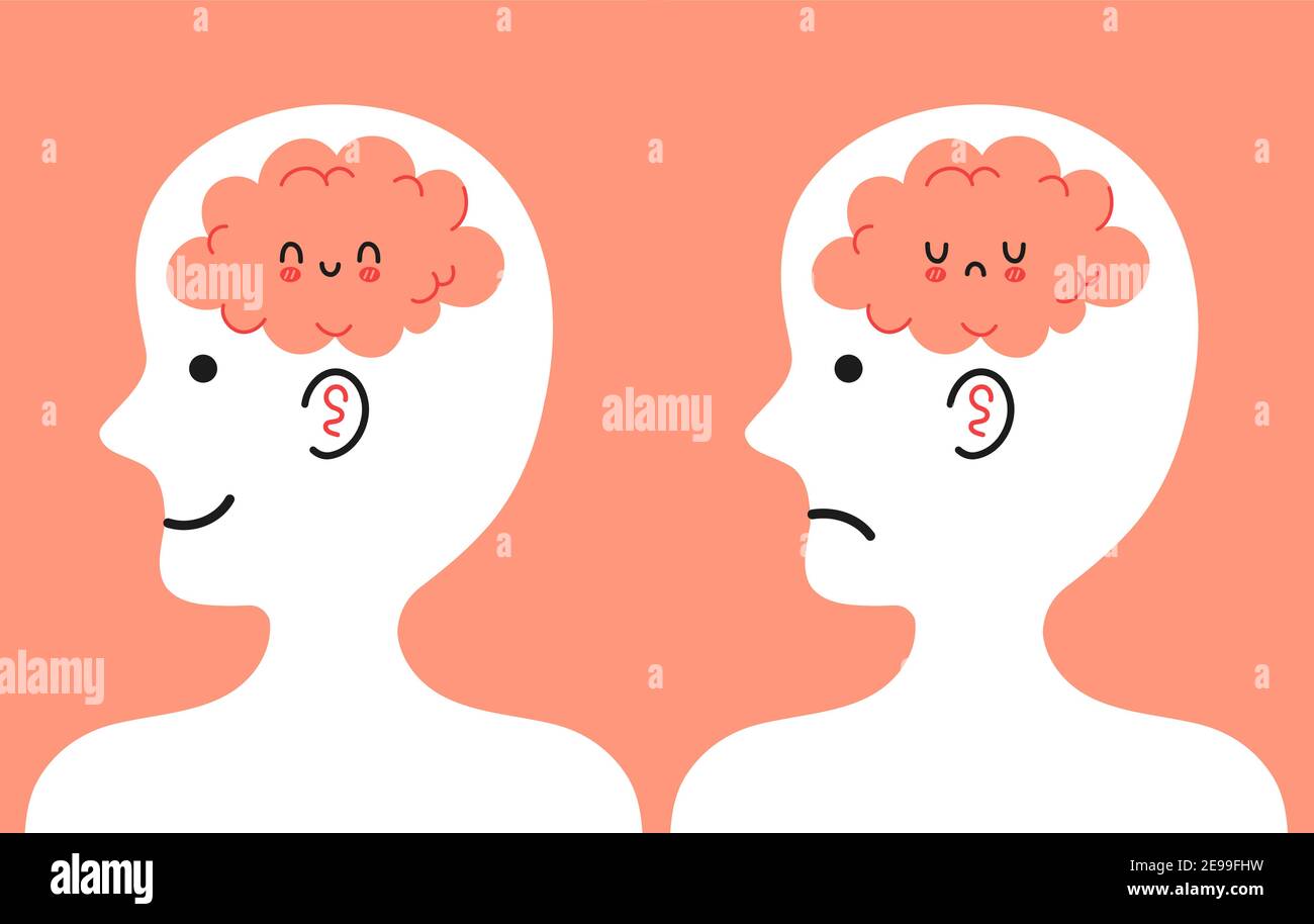 Cute human head in profile with happy and sad brain inside. Good and bad mood, mental, emotional condition concept. Vector cartoon character illustration icon Stock Vector