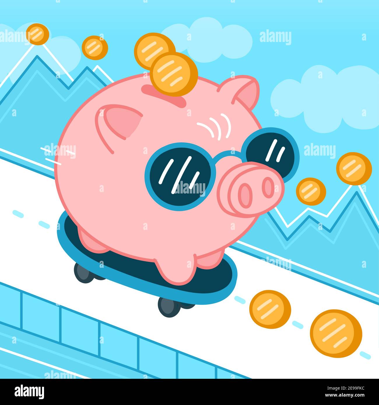 Funny piggy bank in sunglasses ride on skate. Vector flat line cartoon kawaii character illustration icon. Isolated on white background. Pig bank skateboarder character concept Stock Vector