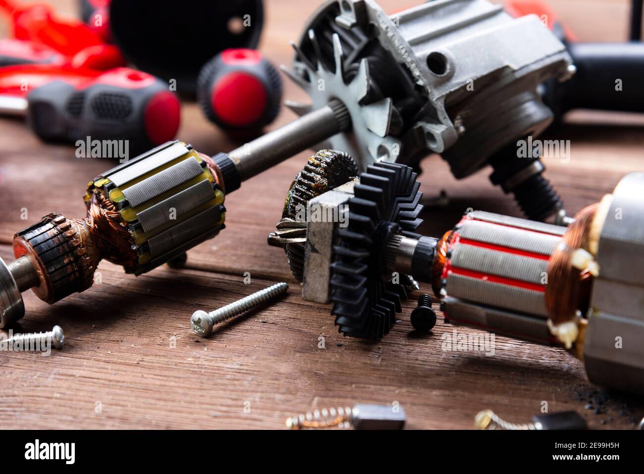 Power tool repair. Details of electrical appliance and repair tools on