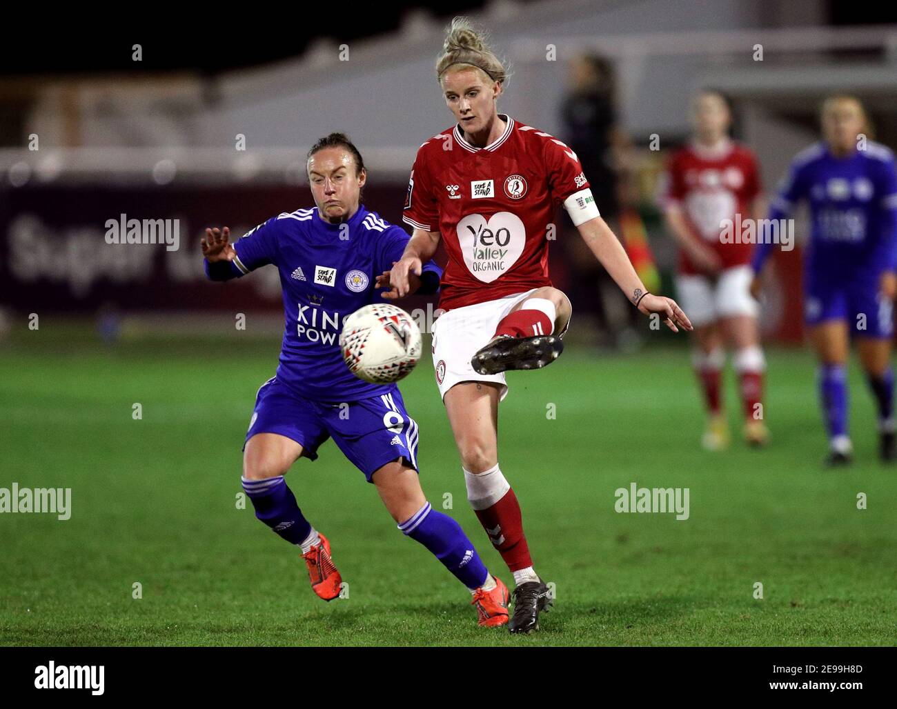 Bristol City's Jasmine Matthews (right) and Leicester City's Remi Allen battle for the ball during the FA Women's Continental Tyres League Cup Semi Final match at Twerton Park, Bath. Picture date: Wednesday February 3, 2021. Stock Photo