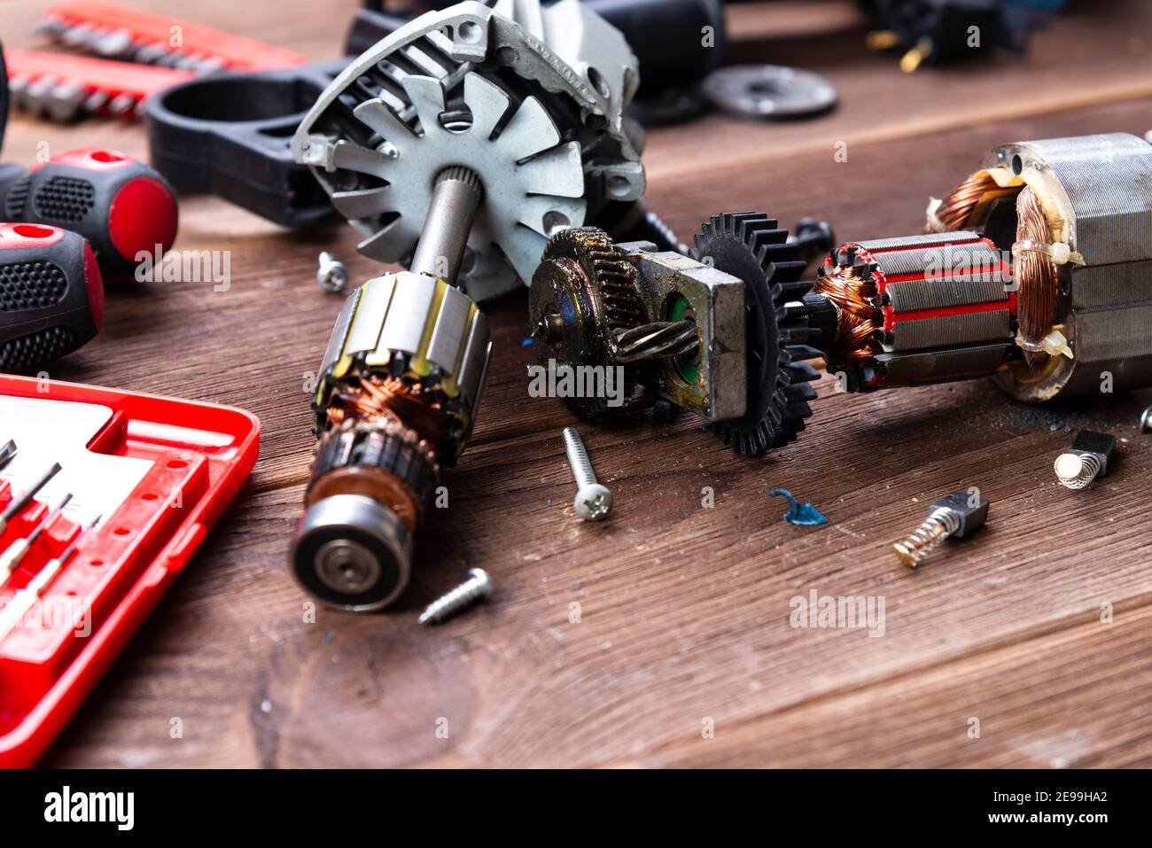 Power tool repair. Details of electrical appliance and repair tools on