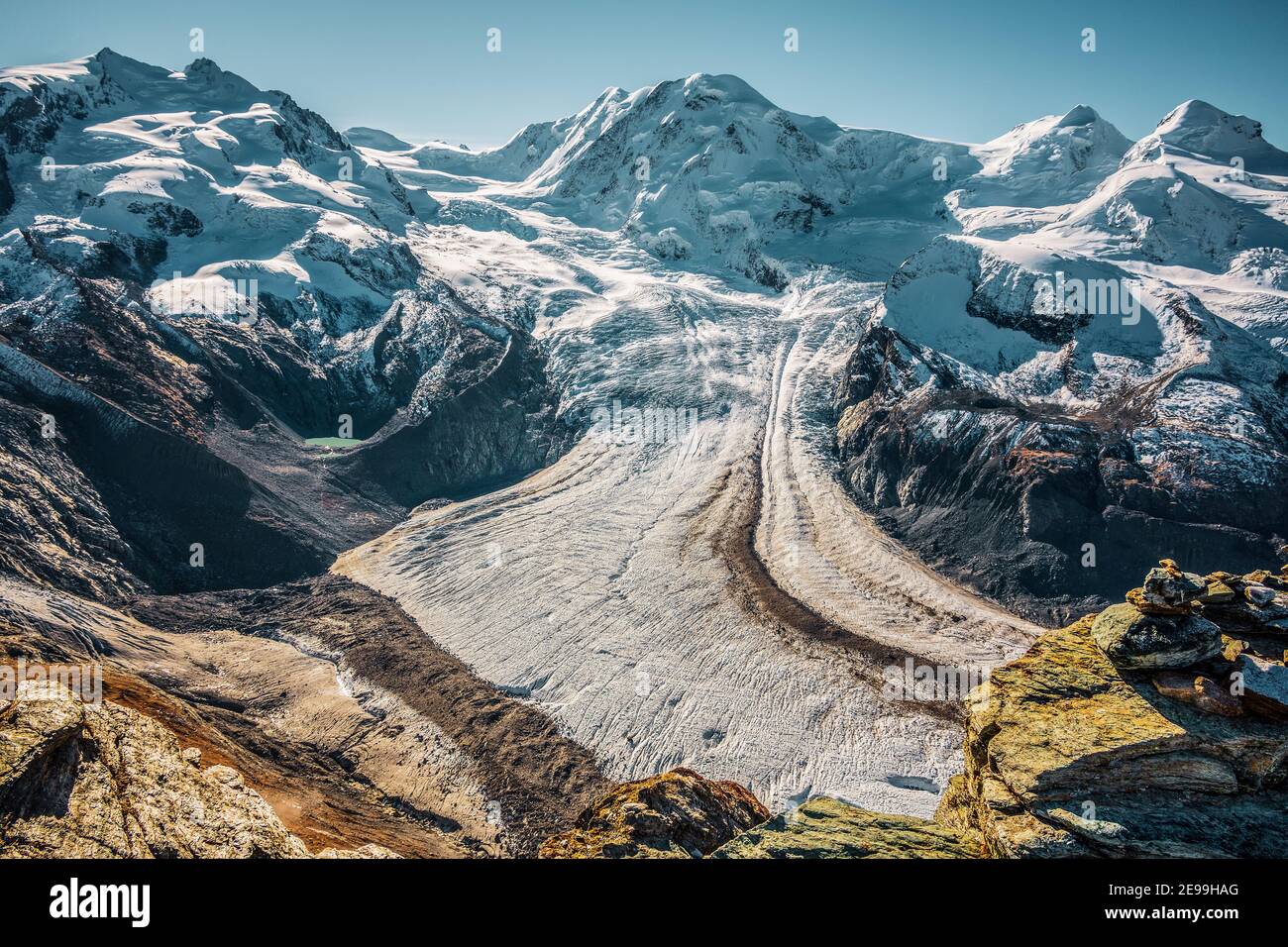 Panoramic view of the Gorner Glacier and Monte Rosa mountain range in ...