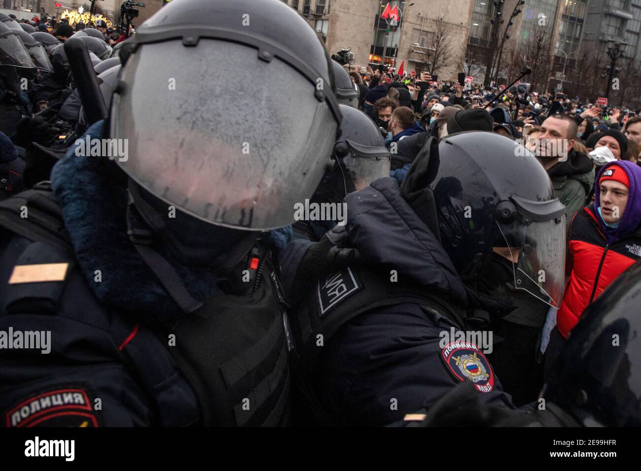 Moscow, Russia. 23rd of January, 2021 Riot police officers ensure law and order at an unsanctioned rally in support of Russian opposition leader Alexei Navalny at Pushkinskaya Square in Moscow, Russia Stock Photo