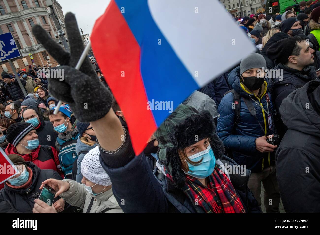 Moscow, Russia. 23rd of January, 2021 People take part in an unauthorized rally in support of Russian opposition leader Alexei Navalny at Pushkinskaya square in the central Moscow, Russia Stock Photo