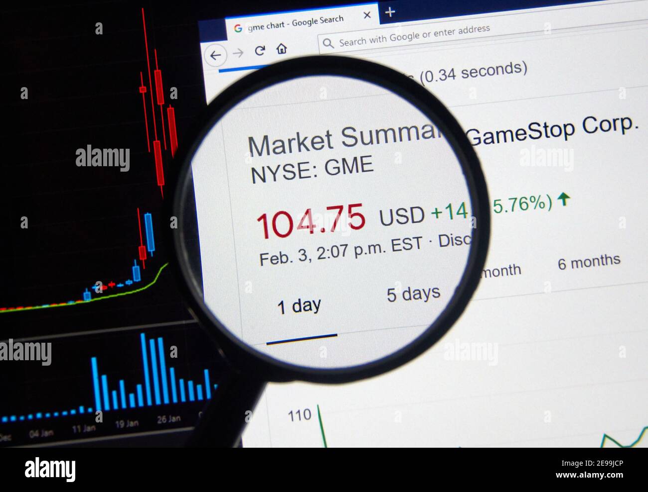 Montreal, Canada - February 3, 2021: GME GameStop price over chart under magnifying loop. Gamestop GameStop Corp. is an American video game, consumer Stock Photo