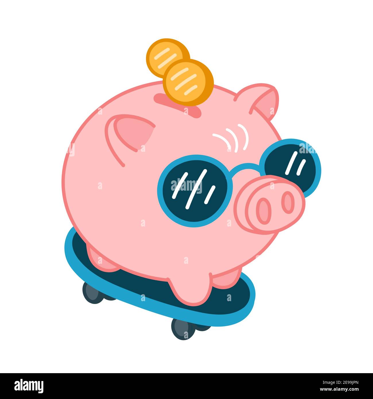 Funny piggy bank in sunglasses on skate. Vector flat line cartoon kawaii character illustration icon. Isolated on white background. Pig bank skateboarder character concept Stock Vector