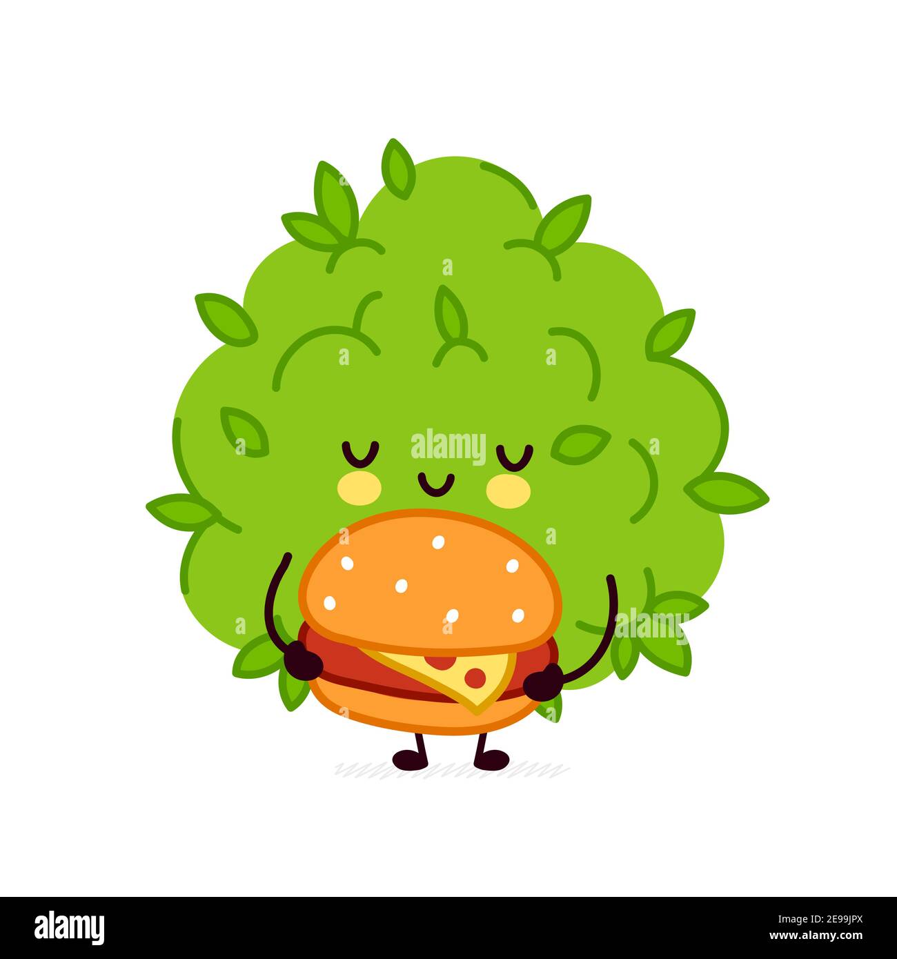 Cute funny marijuana weed bud character with burger. Vector flat line  cartoon kawaii character illustration icon. Isolated on white background.  Weed face character mascot concept Stock Vector Image & Art - Alamy