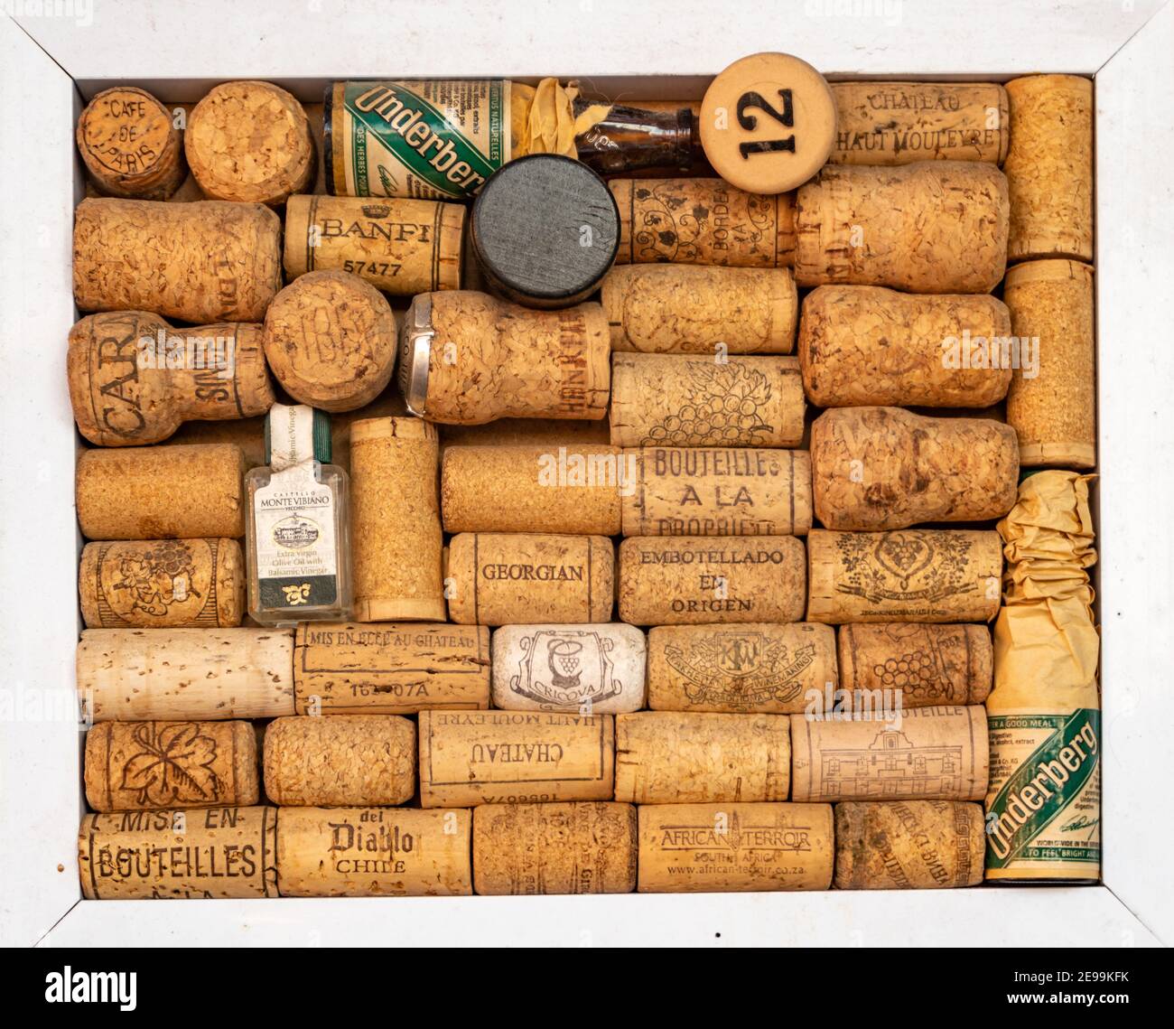 Minsk, Belarus - February 01, 2021: Decorating a creative space with wine corks from different countries Stock Photo