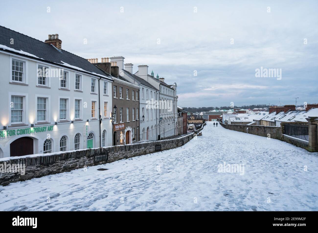Derry, Norther Ireland- Jan 23, 2021: Derry walls in winter covered in snow Stock Photo