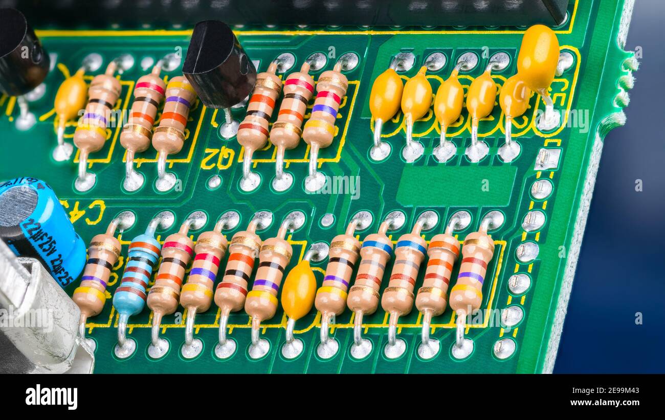 Closeup of printed circuit board with electronic components