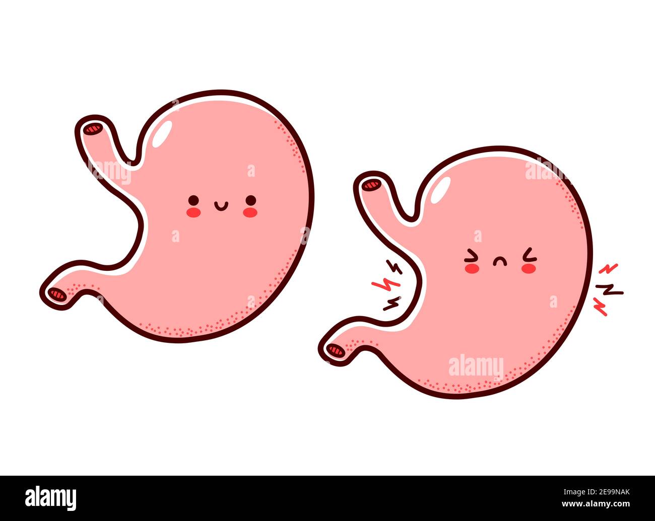 Cute healthy and sick sad funny human stomach organ character. Vector flat line cartoon kawaii character illustration icon. Isolated on white background. Stomach with face character mascot concept Stock Vector
