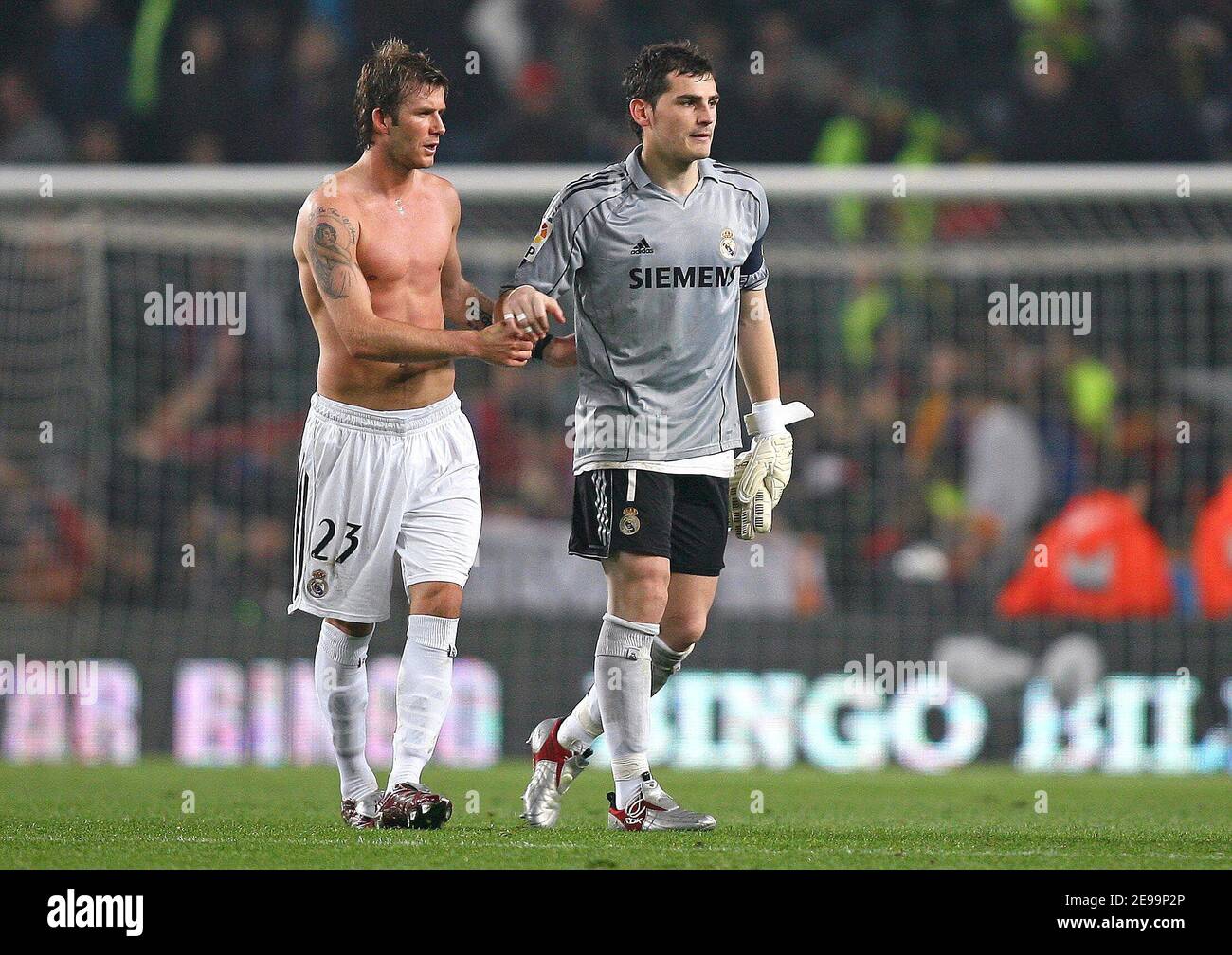 Real Madrid's David Beckham and Iker Casillas after the game during the Spanish primera league, FC Barcelona vs Real Madrid, at the Nou Camp Stadium, in Barcelona, Spain, on April 1, 2006. The game ended in a draw 1-1. Photo by Christian Liewig/ABACAPRESS.COM Stock Photo