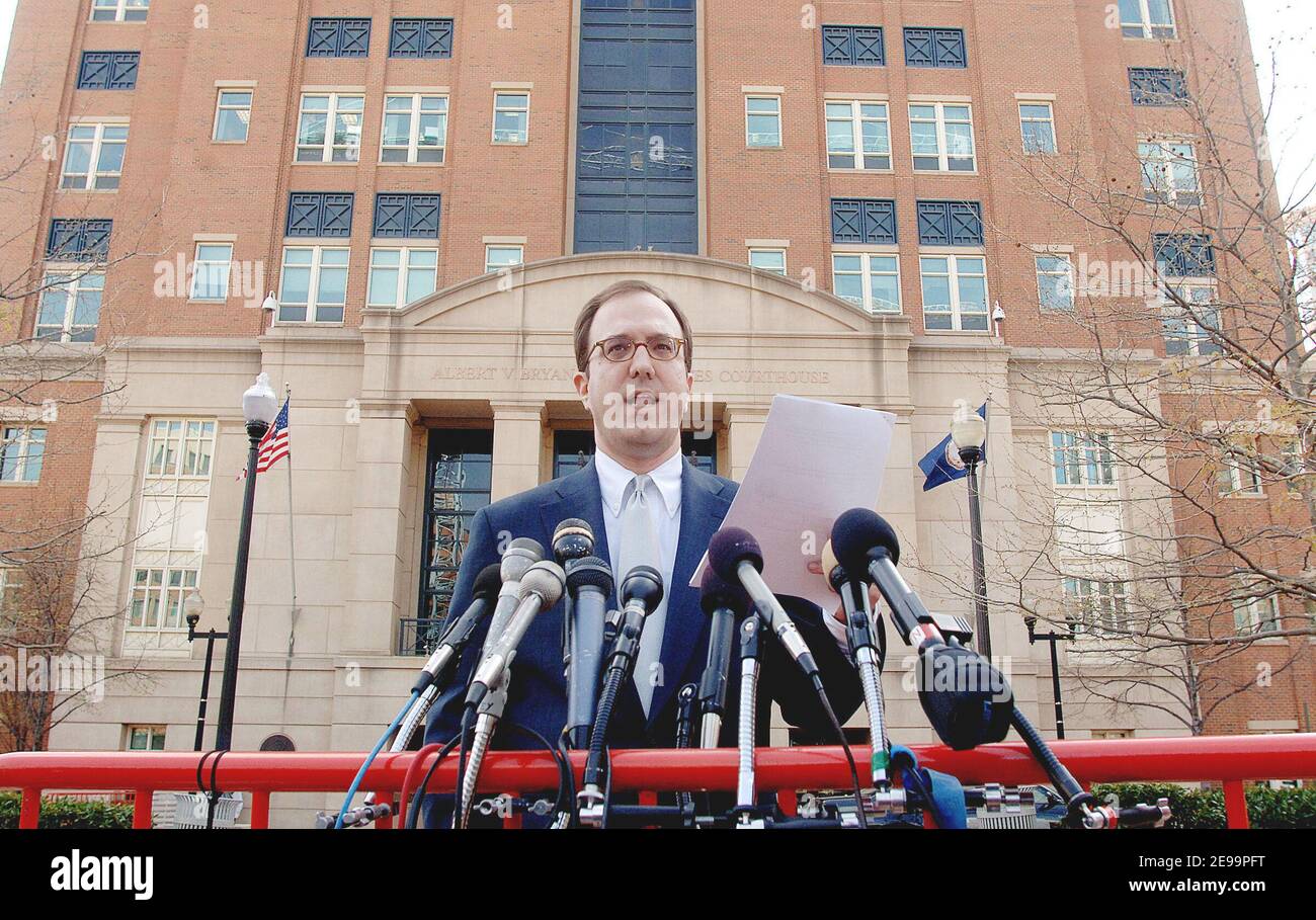 Ed Adams, a spokesman for U.S. District Court, pauses as he reads a ruling of the sentencing trial of Zacarias Moussaoui to the news media outside U.S. District Court, VA, USA on April 3, 2006. A jury ruled that Al-Qaeda conspirator Zacarias Moussaoui is eligible for the death penalty taking his trial into a new phase to decide whether he should be executed. Photo by Olivier Douliery/ABACAPRESS.COM Stock Photo