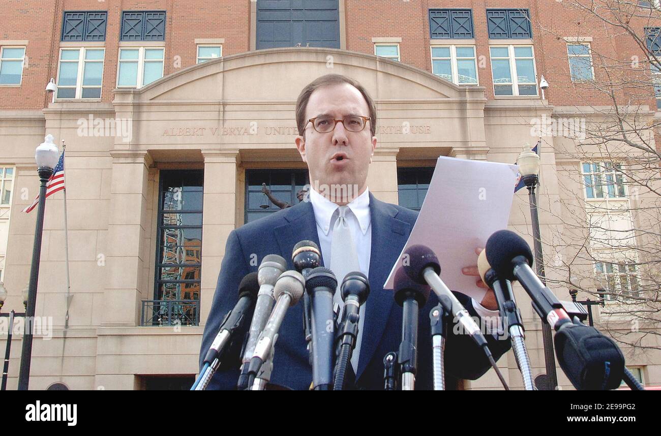 Ed Adams, a spokesman for U.S. District Court, pauses as he reads a ruling of the sentencing trial of Zacarias Moussaoui to the news media outside U.S. District Court April, VA, USA on April 3, 2006. A jury ruled that Al-Qaeda conspirator Zacarias Moussaoui is eligible for the death penalty taking his trial into a new phase to decide whether he should be executed. Photo by Olivier Douliery/ABACAPRESS.COM Stock Photo