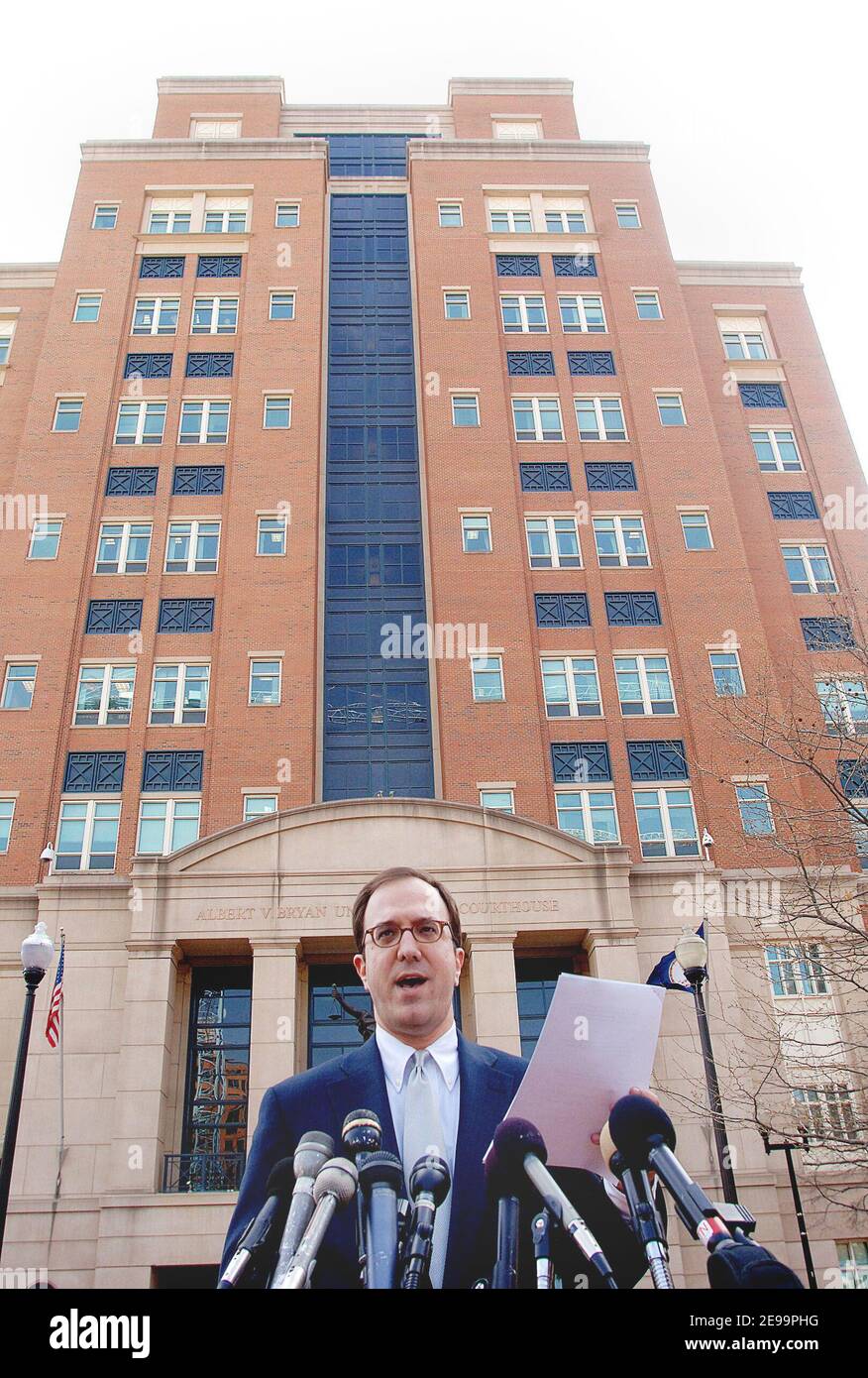 Ed Adams, a spokesman for U.S. District Court, pauses as he reads a ruling of the sentencing trial of Zacarias Moussaoui to the news media outside U.S. District Court in Alexandria, VA, USA on April 3, 2006. A jury ruled that Al-Qaeda conspirator Zacarias Moussaoui is eligible for the death penalty taking his trial into a new phase to decide whether he should be executed. Photo by Olivier Douliery/ABACAPRESS.COM Stock Photo
