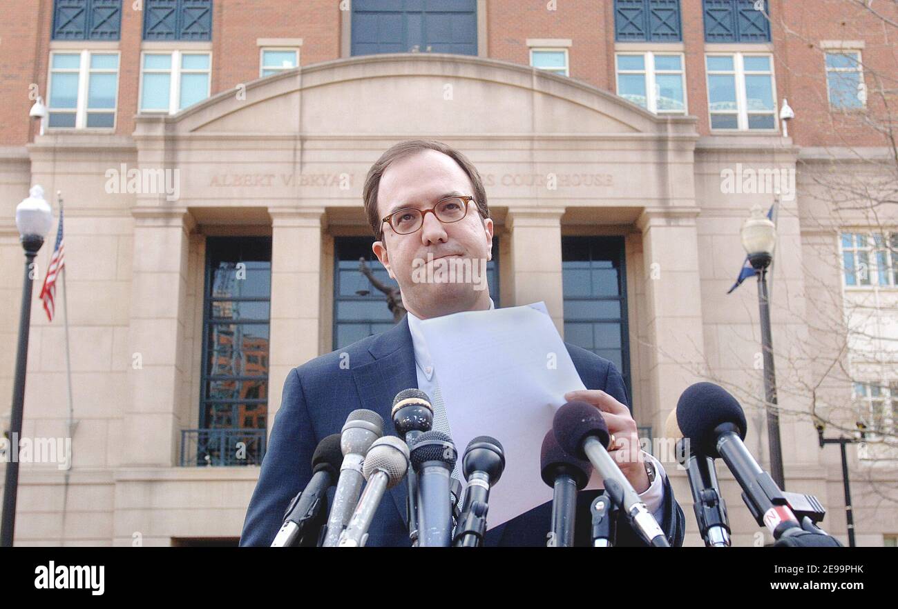 Ed Adams, a spokesman for U.S. District Court, pauses as he reads a ruling of the sentencing trial of Zacarias Moussaoui to the news media outside U.S. District Court , VA, USA on April 3, 2006. A jury ruled that Al-Qaeda conspirator Zacarias Moussaoui is eligible for the death penalty taking his trial into a new phase to decide whether he should be executed. Photo by Olivier Douliery/ABACAPRESS.COM Stock Photo