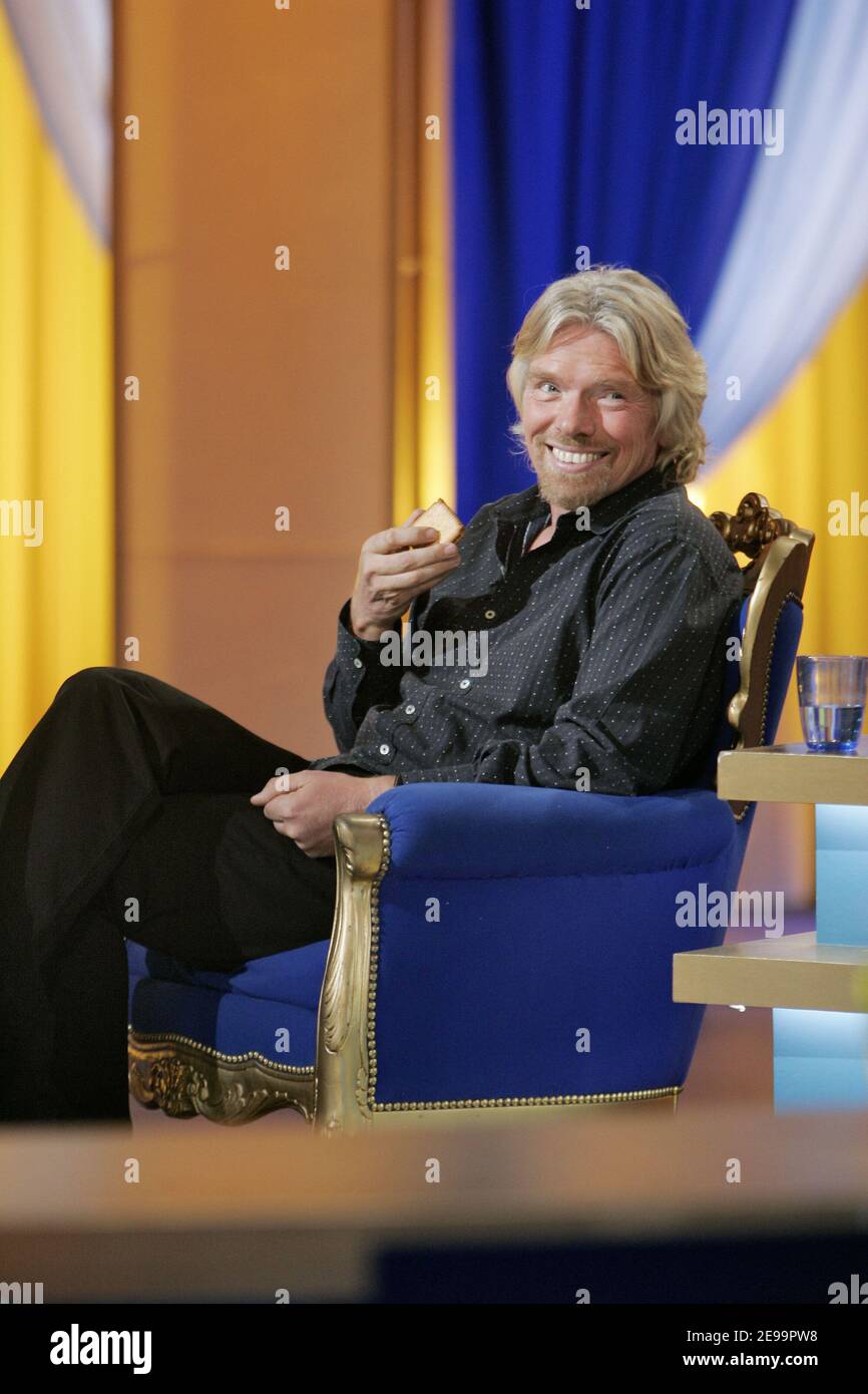 Sir Richard Branson attends Sebastien Cauet's TV Show 'La Methode Cauet', a program with a very young audience, during his one day visit in Paris to promote the launch of his phone service 'Virgin Mobile' on April 3, 2006. Photo by Thierry Boccon-Gibod/ABACAPRESS.COM Stock Photo