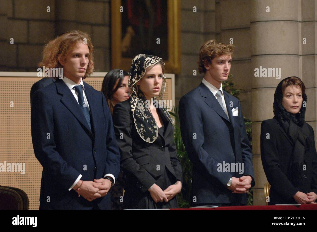 Andrea, Charlotte, Pierre Casiraghi and Countess Alizabeth-Ann de Massy attend the mass commemorating the first anniversary of Prince Rainier's death in Saint-Nicolas Cathedral, in Monaco on April 6, 2006. Prince Rainier III died on April 6, 2005 after a serious illness, and his only son Prince Albert, succeeded him. Photo by Pool/ABACAPRESS.COM Stock Photo