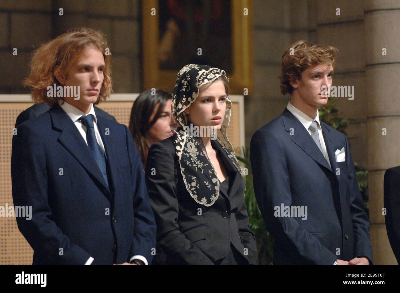 Andrea, Charlotte and Pierre Casiraghi attend the mass commemorating the first anniversary of Prince Rainier's death in Saint-Nicolas Cathedral, in Monaco on April 6, 2006. Prince Rainier III died on April 6, 2005 after a serious illness, and his only son Prince Albert, succeeded him. Photo by Pool/ABACAPRESS.COM Stock Photo