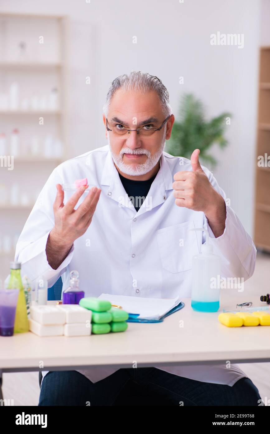Old chemist testing soap in the lab Stock Photo - Alamy