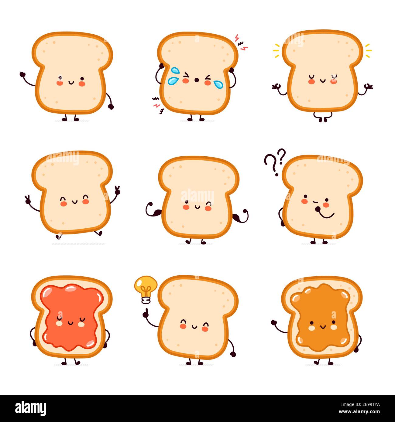 Cute funny happy bread toast character set collection. Vector flat line  cartoon kawaii character illustration icon. Isolated on white background.  Toast with face character mascot bundle concept Stock Vector Image & Art -