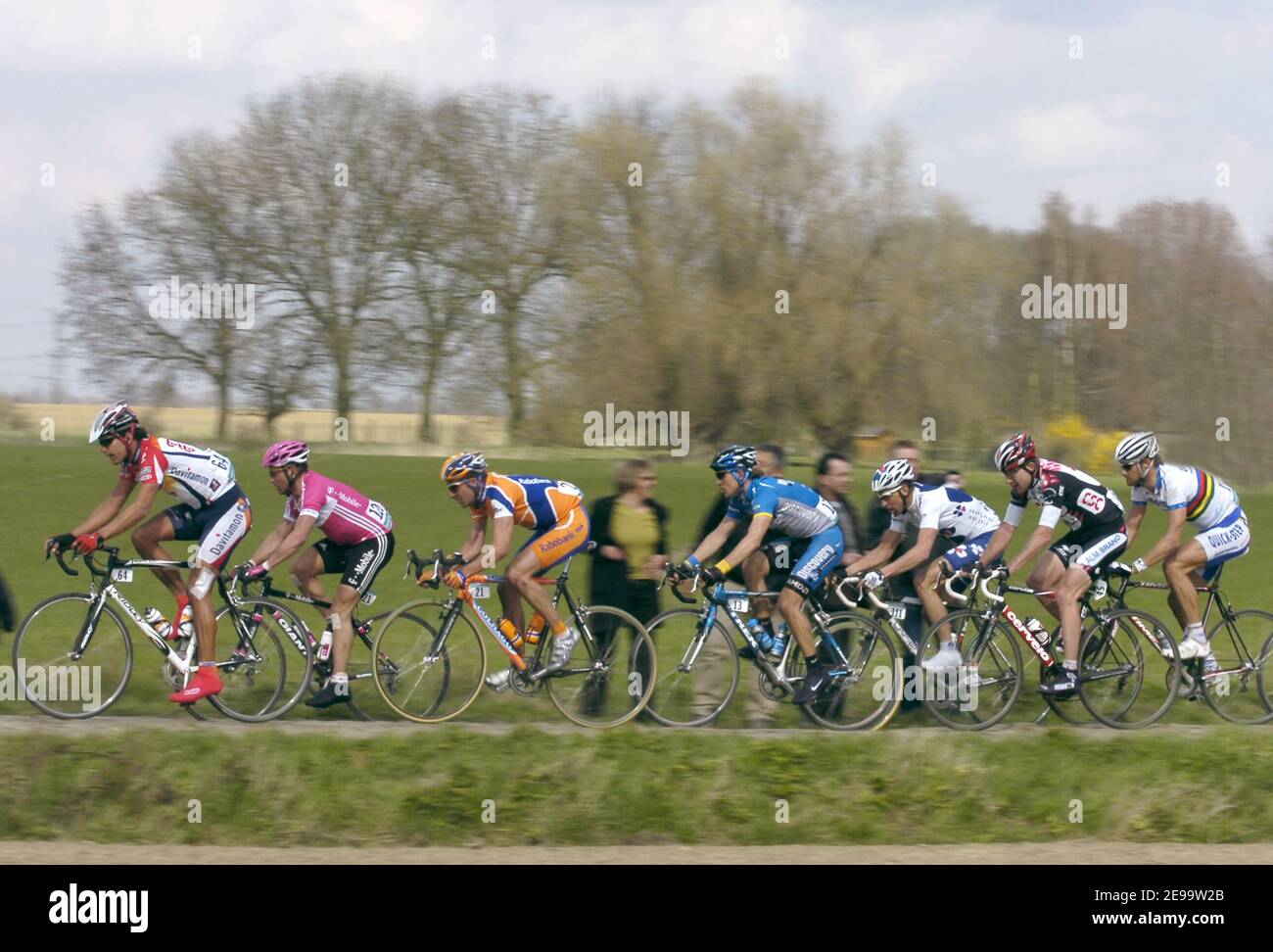 The pack rides with Belgium's world champion Tom Boonen during the 104th Paris-Roubaix cycling classic race between Compiegne and Roubaix on April 9, 2006. Photo by Nicolas Gouhier/Cameleon/ABACAPRESS.COM Stock Photo