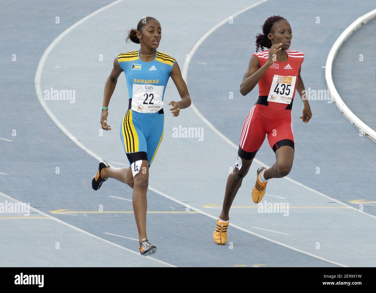 Bahamas' Cache Armbrister and Trinidad and Tobago's Janeil Bellille compete on women's 400 meters during the Carifta Games, at Rene Serge Nabajoth stadium in Les Abymes, near Pointe-a-Pitre, Guadeloupe, on April 15, 2006. Photo by Nicolas Gouhier/CAMELEON/ABACAPRESS.COM Stock Photo