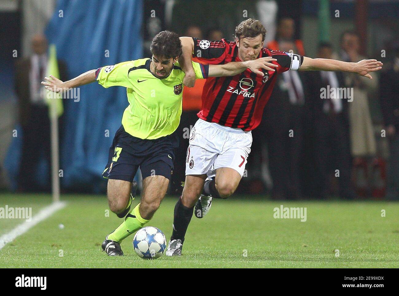 AC Milan's Andriy Shevchenko and FC Barcelona's Presas Oleger battle for  the ball during the UEFA Champions League Semi-Final First Leg, AC Milan vs  Barcelona in Milan, Italy, on April 18, 2006.