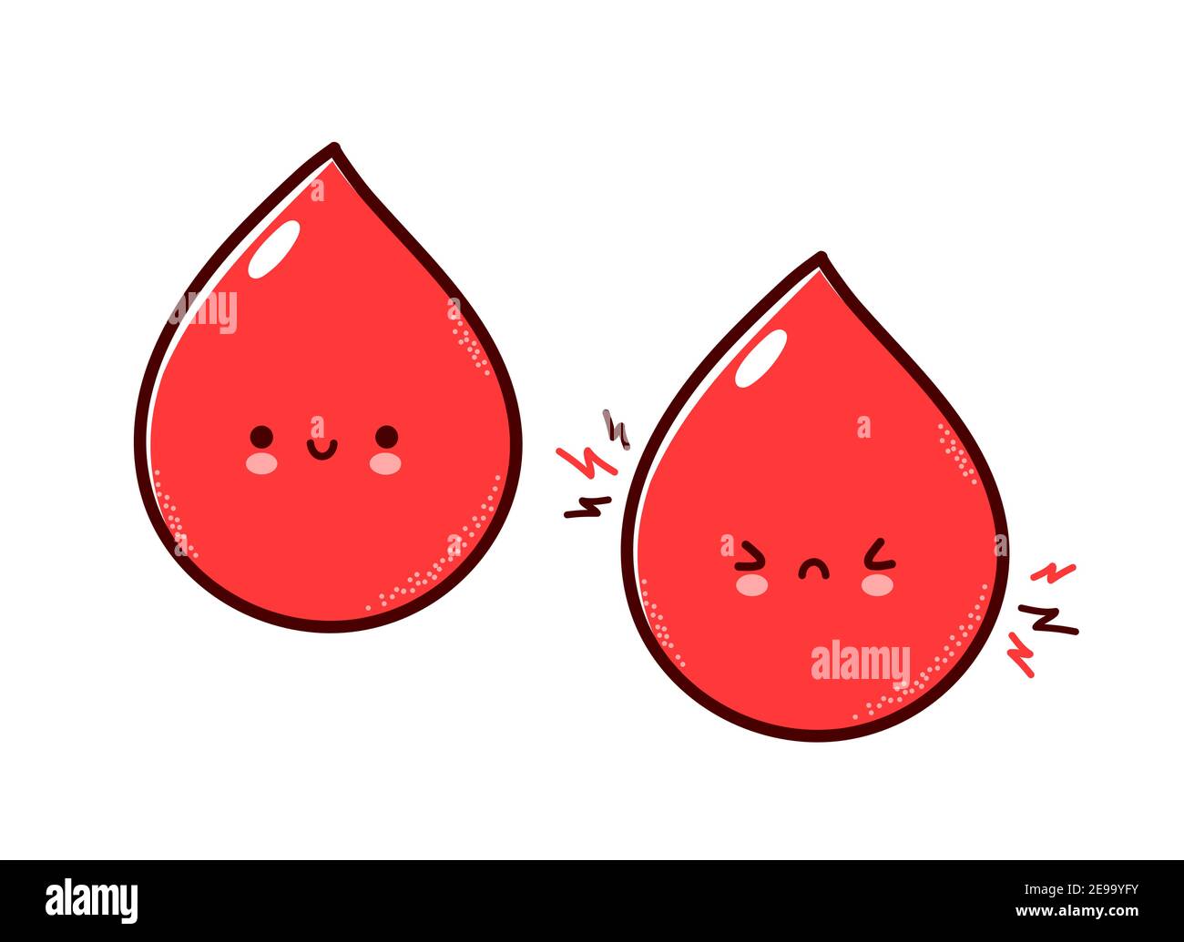 Cute healthy and sick sad funny human blood organ character. Vector flat line cartoon kawaii character illustration icon. Isolated on white background. Blood drop with face character mascot concept Stock Vector