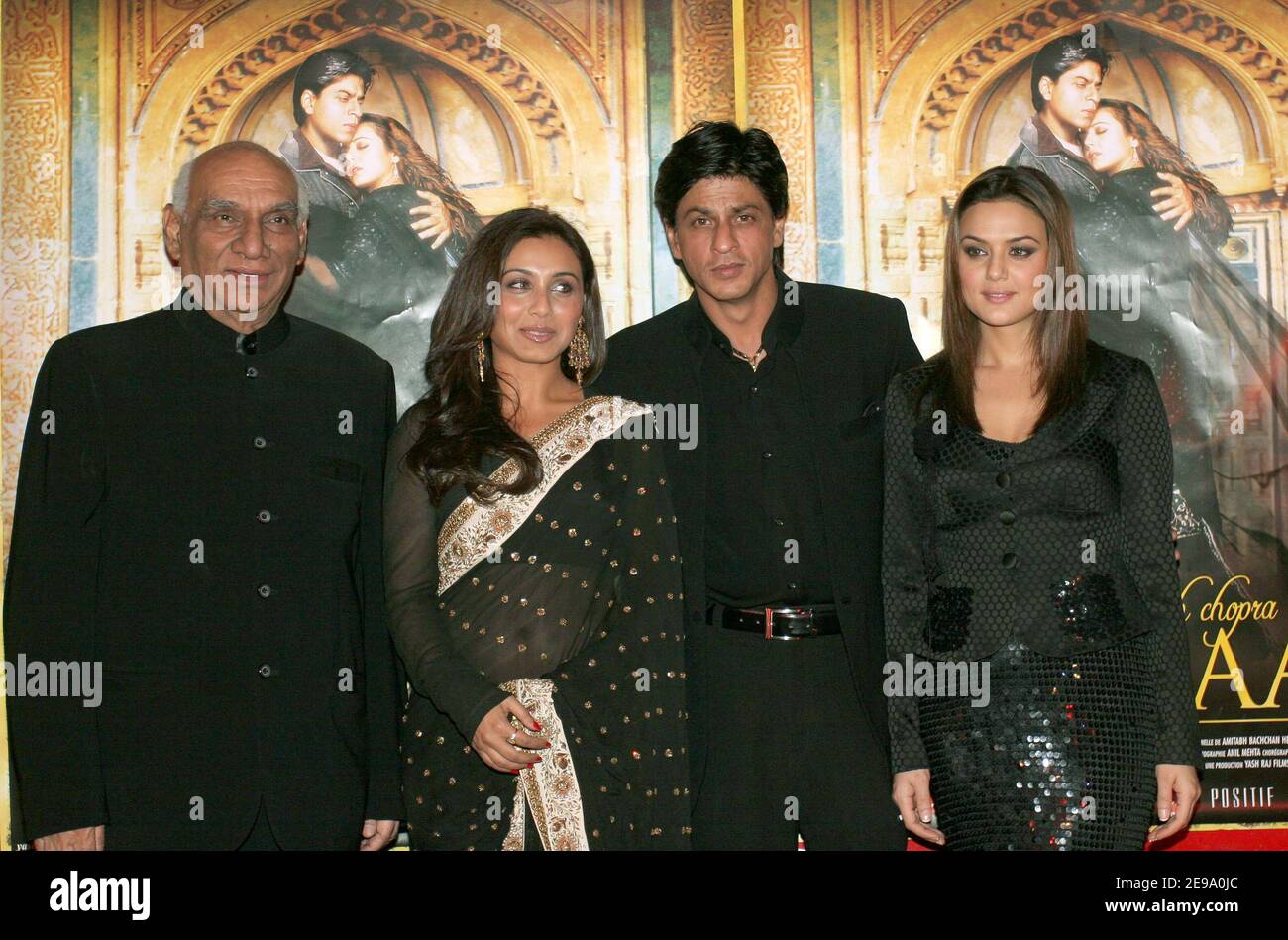 Indian director Yash Chopra, Indian actress Preity Zinta, Bollywood star Shah Rukh Khan and Rani Mukerji attend the premiere of their movie Veer-Zaara held at the Rex Movie Theatre in Paris, France on April 26, 2006 as part of the Bollywood Week, in Paris. Photo by Benoit Pinguet/ABACAPRESS.COM Stock Photo