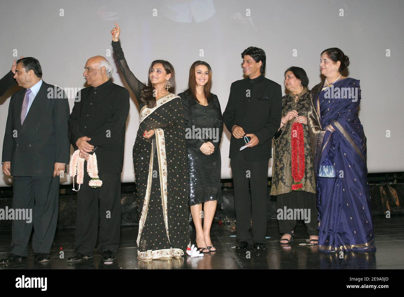 Indian director Yash Chopra, Indian actress Preity Zinta, Bollywood star Shah Rukh Khan and Rani Mukerji attend the premiere of their movie Veer-Zaara held at the Rex Movie Theatre in Paris, France on April 26, 2006 as part of the Bollywood Week, in Paris. Photo by Benoit Pinguet/ABACAPRESS.COM Stock Photo
