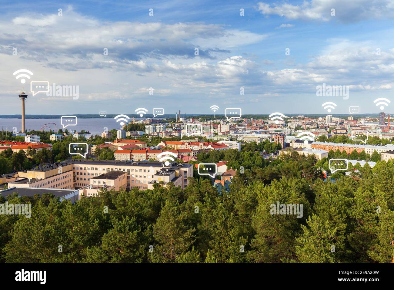 City of Tampere, Finland, viewed from above on a sunny day in the summer. Wireless network connection, WiFi, smart city and online messaging concept. Stock Photo