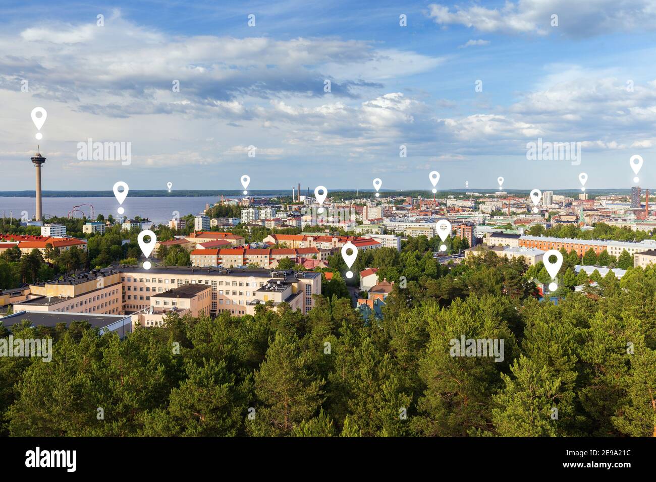 Map pin icons on Tampere cityscape. Näsinneula observation tower and the city of Tampere, Finland, viewed from above on a sunny day in the summer. Stock Photo