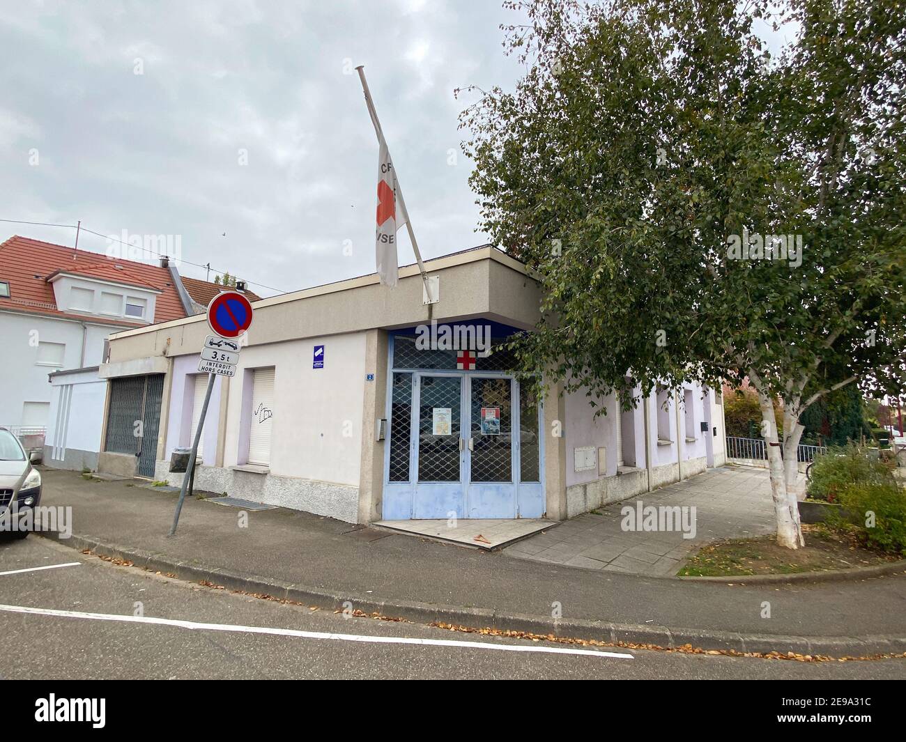 Strasbourg France Oct Large Empty Closed Office Of Croix Rouge Francaise French Red Cross Branch In Poor Neighborhood Of Strasbourg Large Flag And Closed Steel Door With Covid 19 Advertising