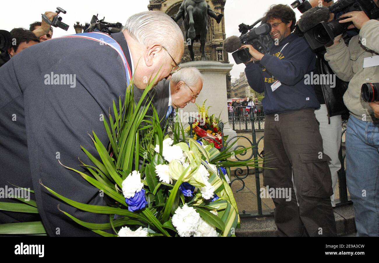 French far-right leader Jean-Marie Le Pen delivers a speech at the Opera  square after laying a wreath in front of the statue of Jeanne d'Arc in  Paris, France, on May 01, 2006.