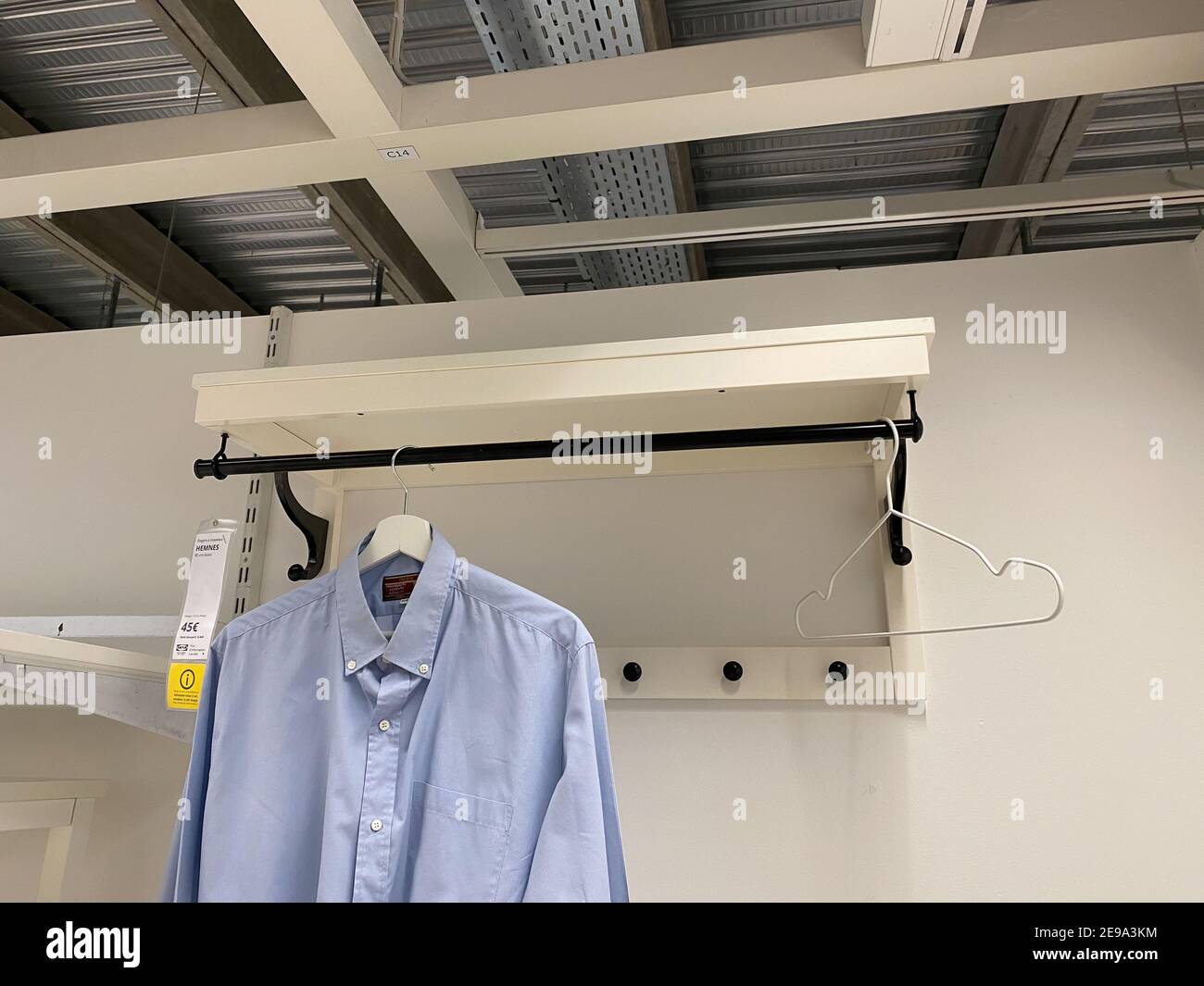 Paris, France - Jan 20, 2021: Ikea garderobe with Hemnes hanger with one  blue shirt for sale the price is 45 euros for the designed in Sweden piece  of furniture Stock Photo - Alamy