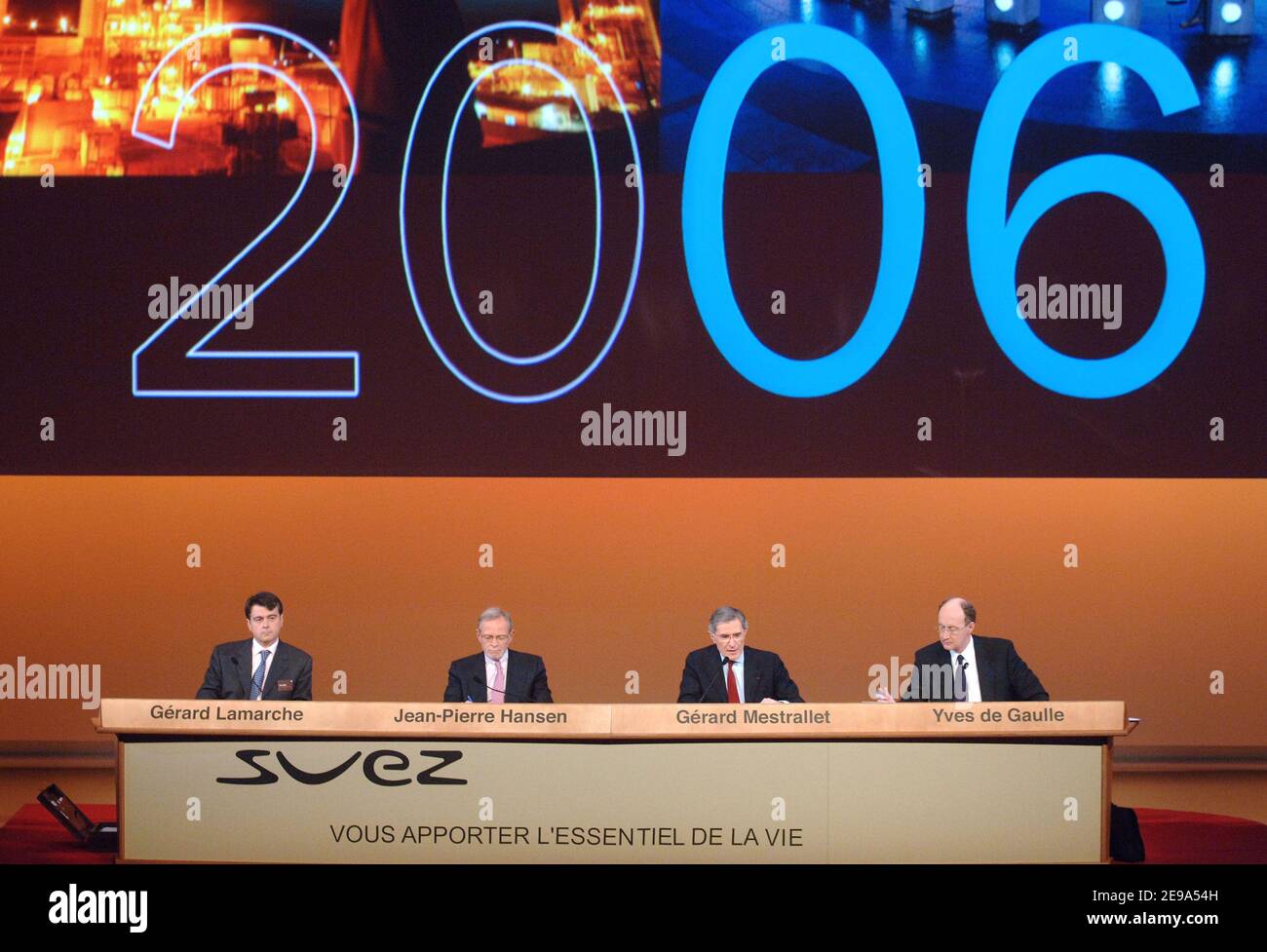 French utility company Suez CEO Gerard Mestrallet delivers his speech