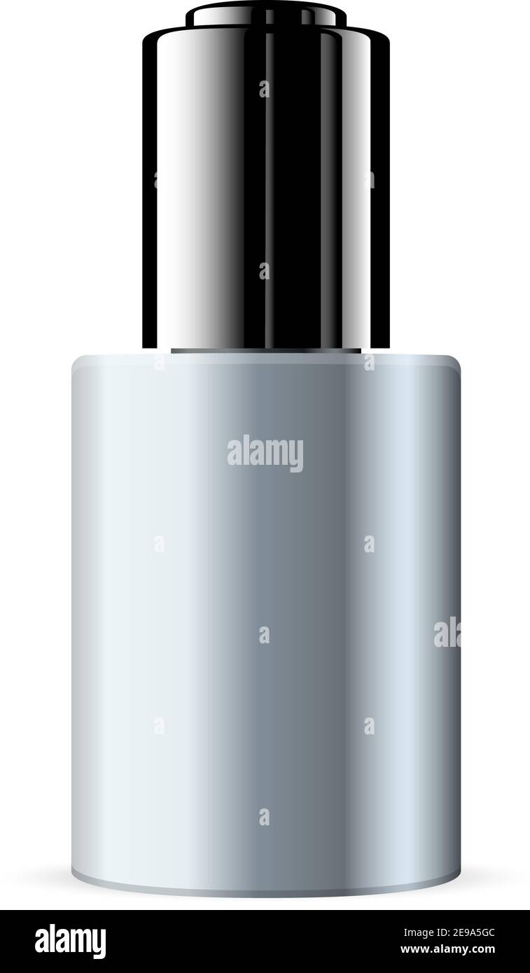 Serum Face Skin Cosmetic Care Product. Vector Bottle Mockup. 3d Dropper Facial Repair Acid with Oxygen. Luxury Shine Mockup with Black Lid. Clear Blue Stock Vector