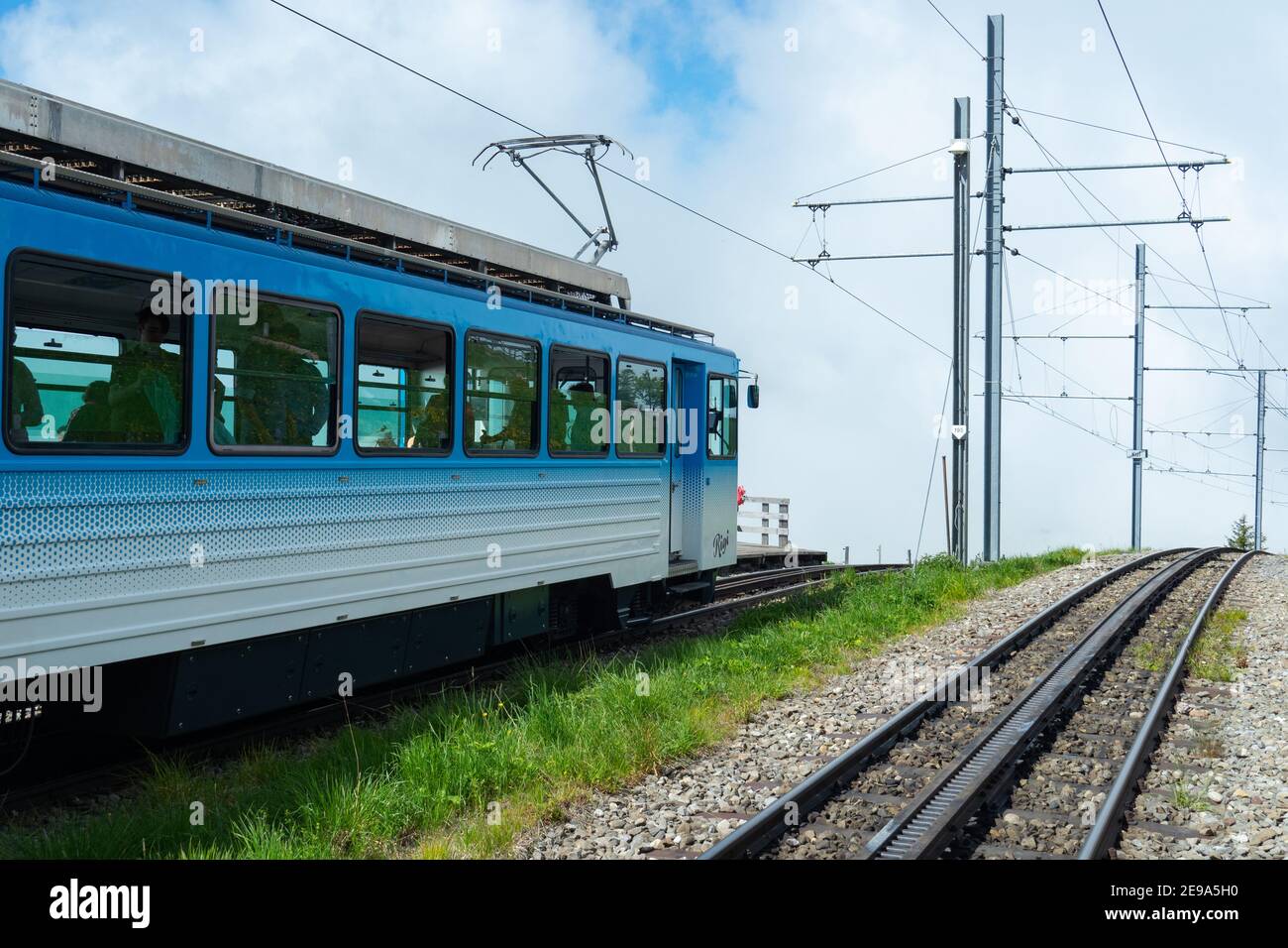 Rigi, Switzerland - June 23rd 2019: Cog railway at the station Rigi Kulm Stock Photo