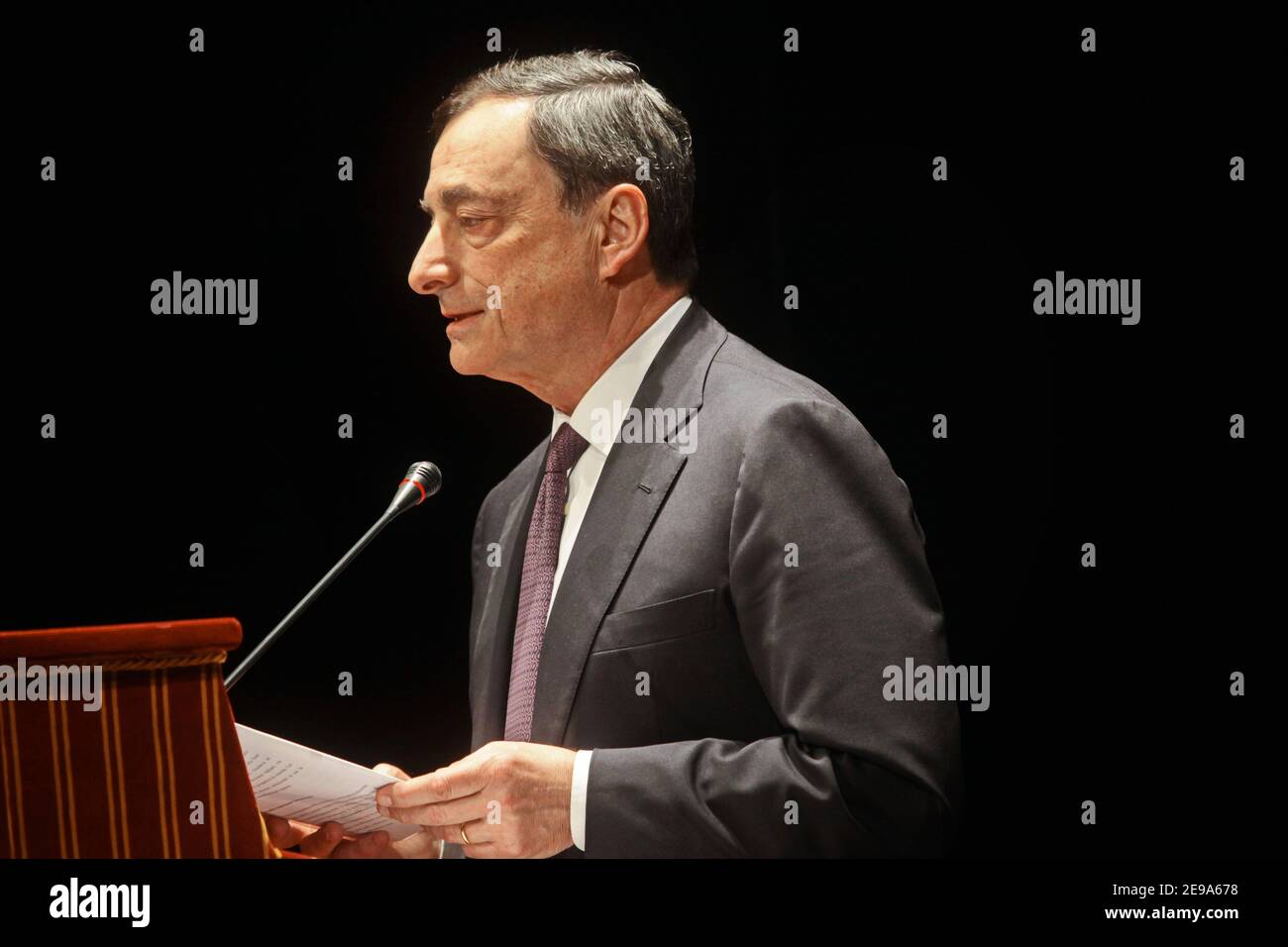 Mario Draghi, President of the European Central Bank , speaks at a press conference. Rome, Italy - April 2018 Stock Photo