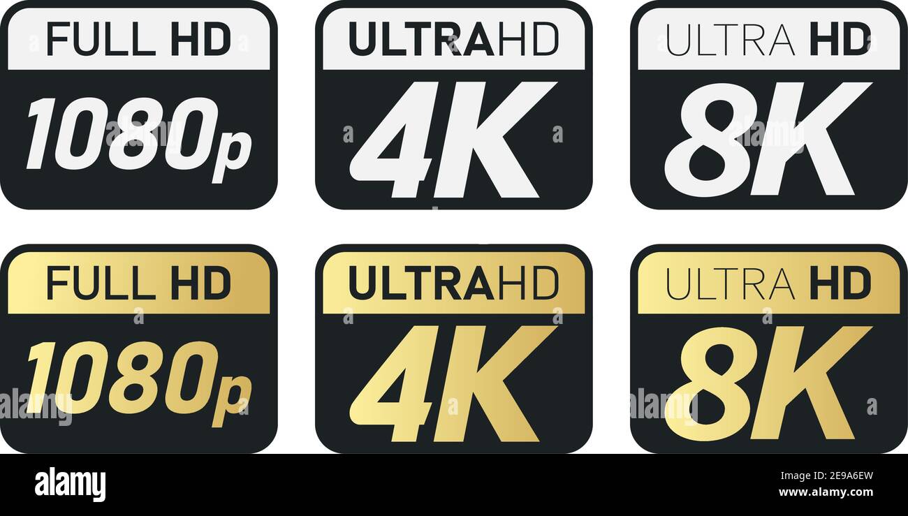 Black, white and golden video or screen resolution icons. Set from 1080p to 8k Stock Vector