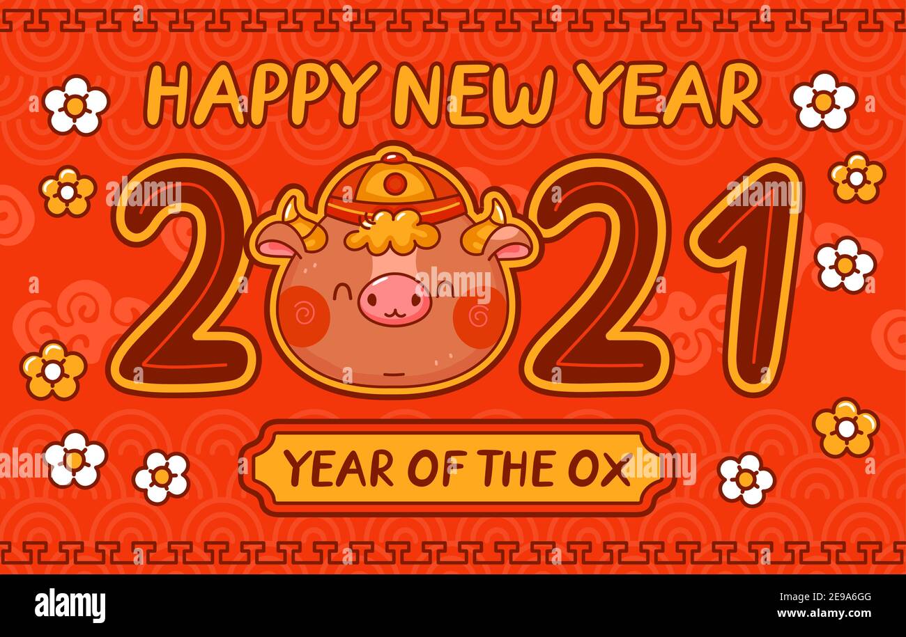 Chinese new year 2021 year of the ox. Vector kawaii cartoon line character illustration banner. New Year 2021, bull, ox poster, card concept Stock Vector