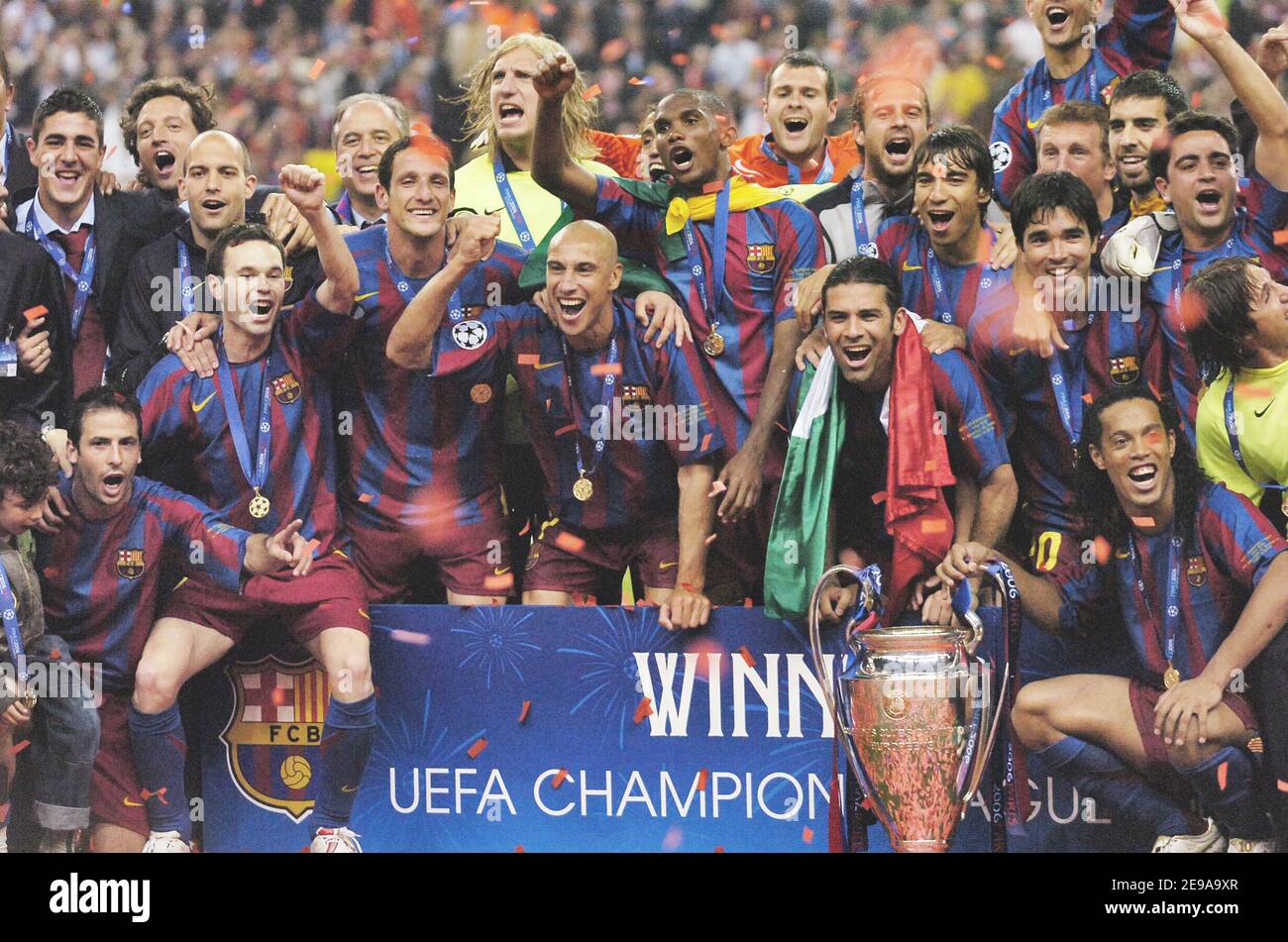 Barcelona's team celebrate with the trophy Champions League final, Barcelona  vs Arsenal, at the Stade de France, in Saint Denis, near Paris, France, on  May 17, 2006. Barcelona won 2-1. Photo by