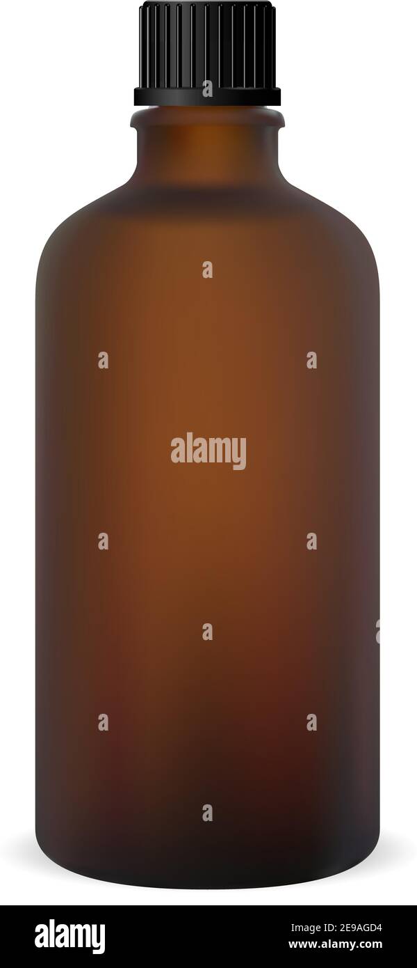 Brown Bottle. Glass Medicine Vial. 3d Isolated Oil Blank with Black Cap