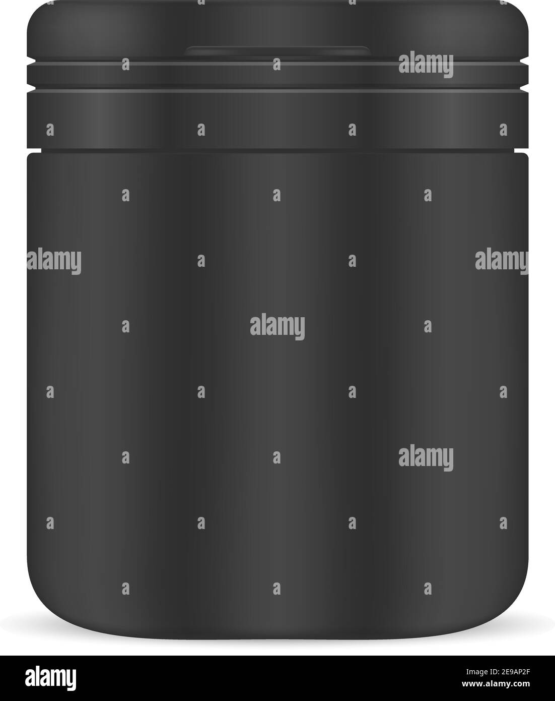 Pill Bottle. Black Plastic Jar. Medicine Supplement. 3d Medical Package Blank. Vitamine Capsule Container Mockup, Round Cylindrical Pharmacy Canister Stock Vector