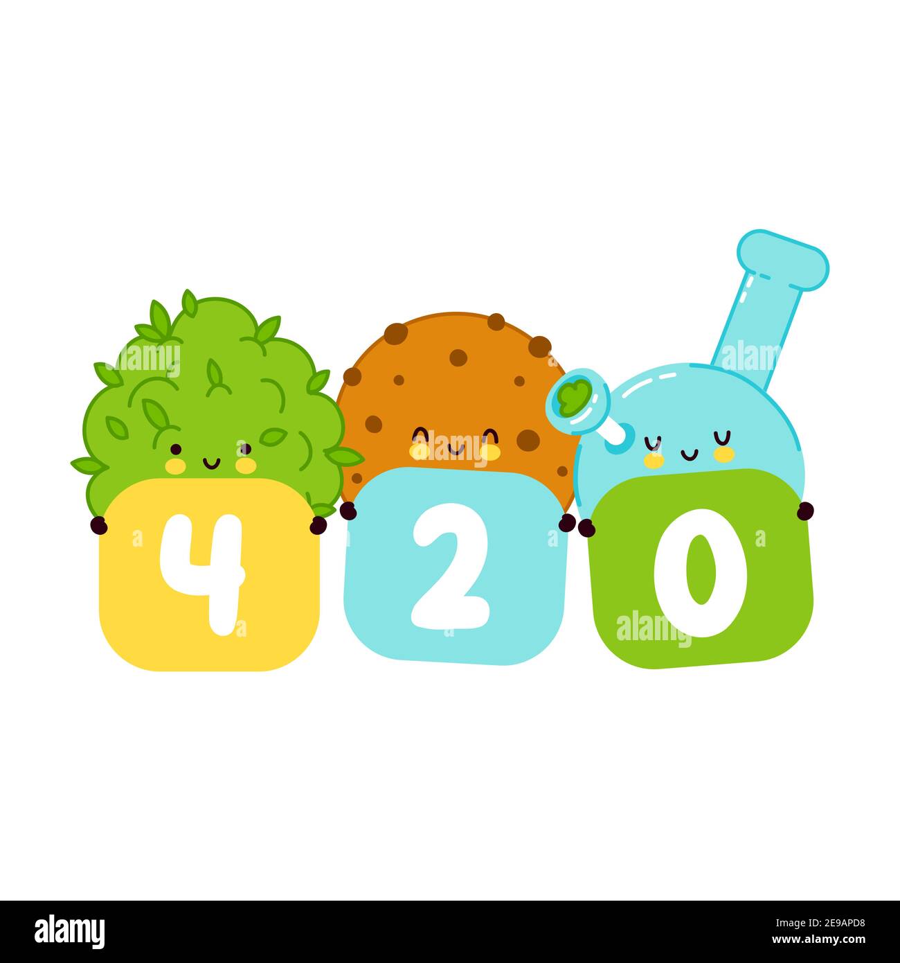 Cute smiling happy cookie,weed bud and bong. 420 card,poster. Vector flat cartoon character illustration.Isolated on white background. Weed smoke concept Stock Vector