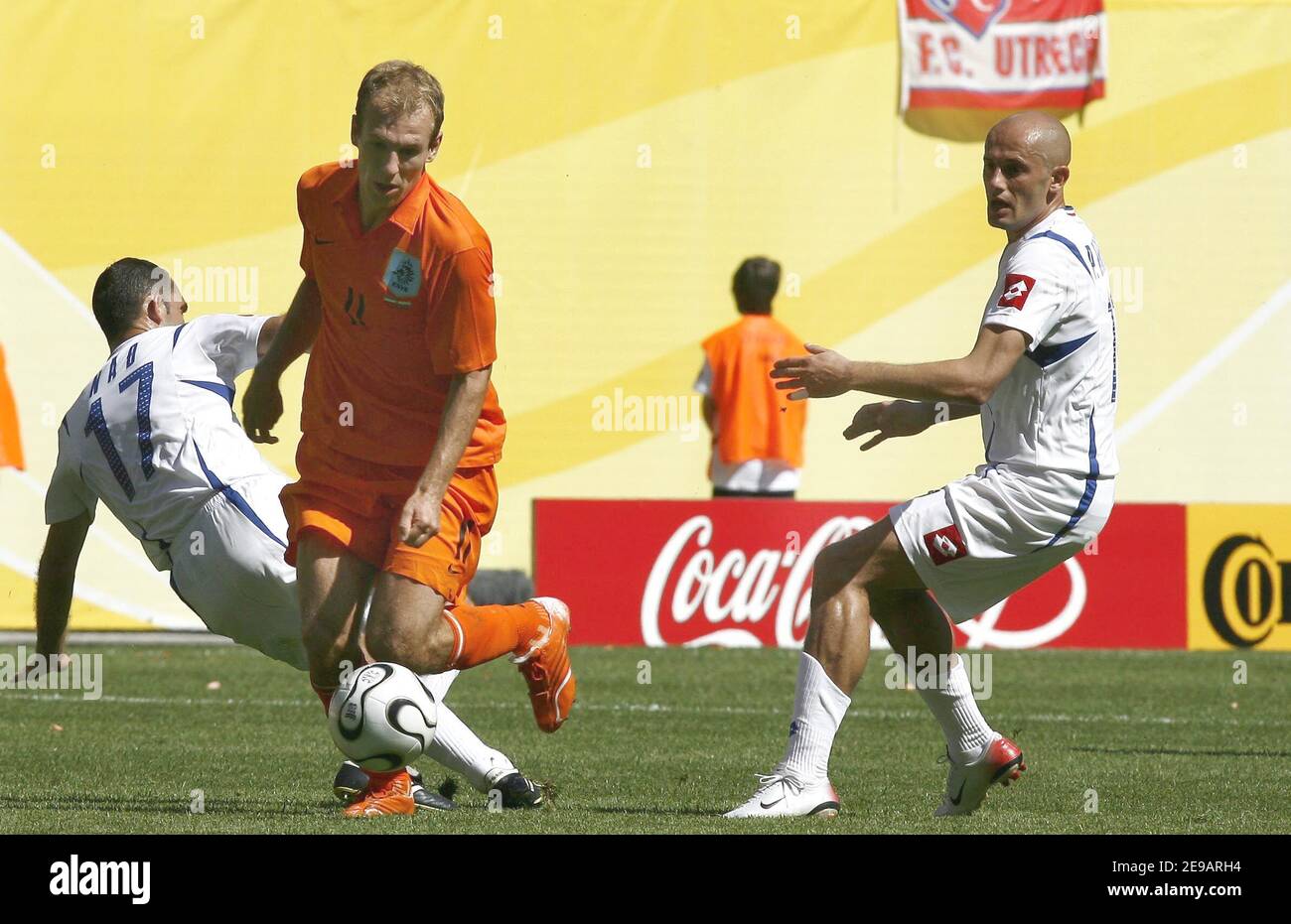 Serbia's Albert Nadj, Netherlands' Robin Van Persie and Serbia's Predrag Djordjevic during the World Cup 2006, Group C, Serbia and Montenegro vs Netherlands in Leipzig, Germany on June 11, 2006. Netherlands won 1-0. Photo by Christian Liewig/ABACAPRESS.COM Stock Photo