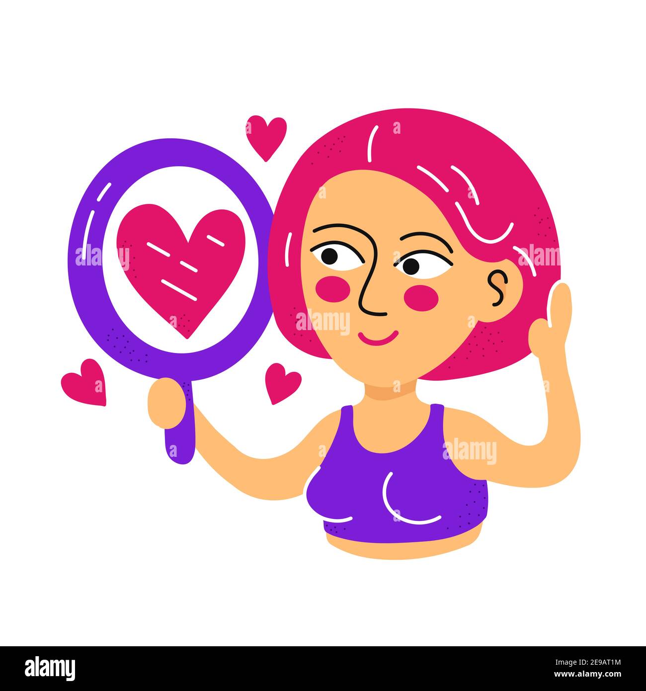 Cute woman look at mirror and enjoy . Vector flat cartoon kawaii character hand drawn illustration icon. Isolated on white background. Self Love, Confidence Concept Stock Vector