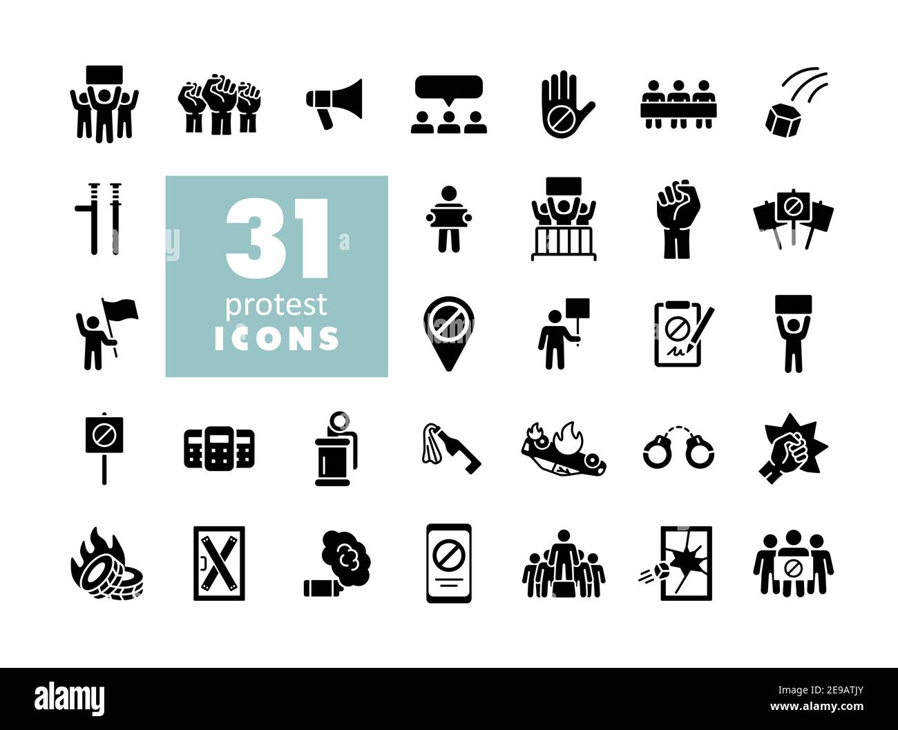 Protest, demonstration, strike, revolution set vector glyph icons. Graph symbol for your web site design, logo, app, UI Stock Vector